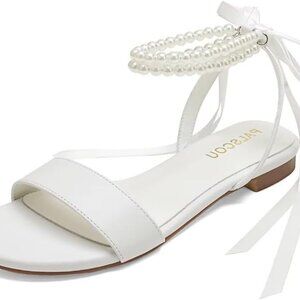 Wedding Flats Pearl Leather Open Toe Bridal Shoes Comfortable Size 8.5